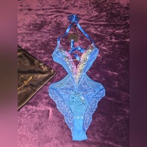 Blue Lace Halter Teddy Bodysuit by Honey Birdette